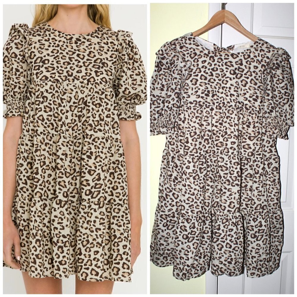 La Ven Leopard Print Mini Dress Puff Sleeve Size M Shapeless Beachy Summer Couzy
